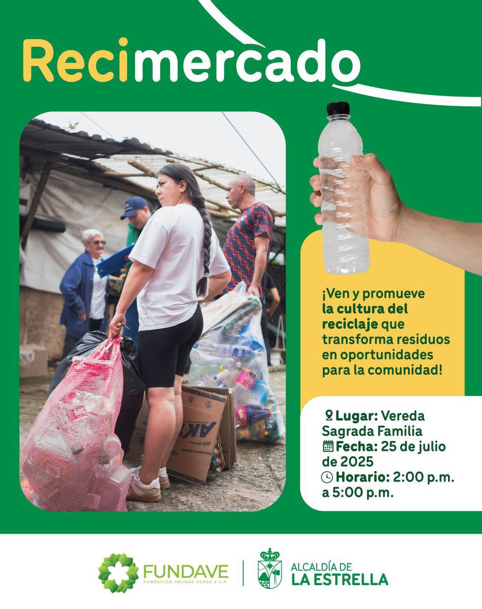 ¡Vecinos de Sagrada Familia! 🙌🏻
Llega Recimercado, una oportunidad para cuidar el planeta 🌍 y apoyar tu economía: trae tus residuos reciclables y cámbialos por productos de mercado. 🥬🍎

¡Participa y se parte del cambio! 💪🏻