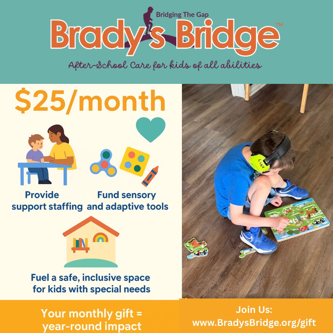 📊 There’s still time to join our monthly giving campaign!

What can $25/month do?
✅ Provide additional support staffing
✅ Fund sensory and adaptive tools
✅ Fuel a safe, inclusive space for kids with special needs

🔗 Join us: bradysbridge.org/gift 

#BridgeTheGap