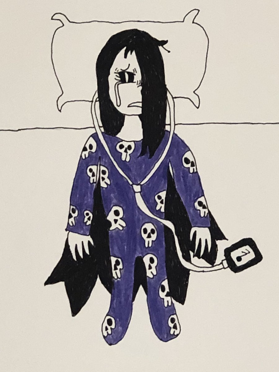 thatbluedemon's tweet image. An old doodle I made of Erma crying in bed while listening to some emotional music