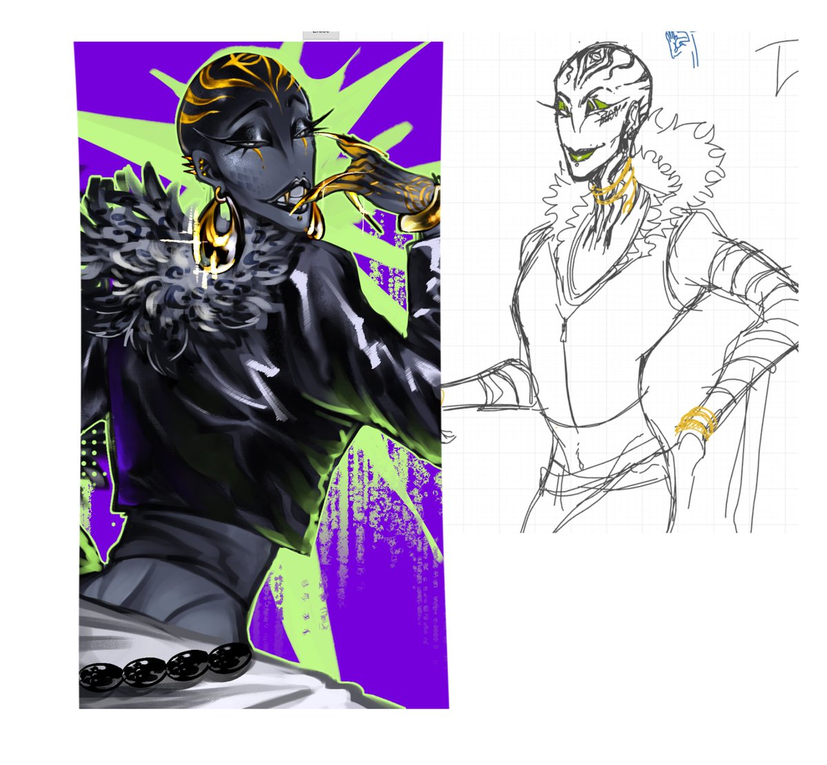 (คือทางนี้เรียนสายอาชีพก็เห็นในอจ.เด็กสาขาแฟชั่นเริ่ดดีเลยอยากวาดแนวๆนั้น+ตอนนั้นอยากวาดคนหัวโล้นๆ เลยปาดมาได้เจ๊อแกขึ้นมาครับ

ดีไซน์แรกคือคิดว่าจะเขียวเป็นแม่งูจ๋าไปเลย แต่ผมลงสีไม่ถูกใจสักทีลงเอยด้วยเทาๆ
ตอนแรกมีรอยสักเต็มตัวเลย ฟีลแม่โหดแต่พับเก็บไปเพราะไม่กล้า5555)
+
