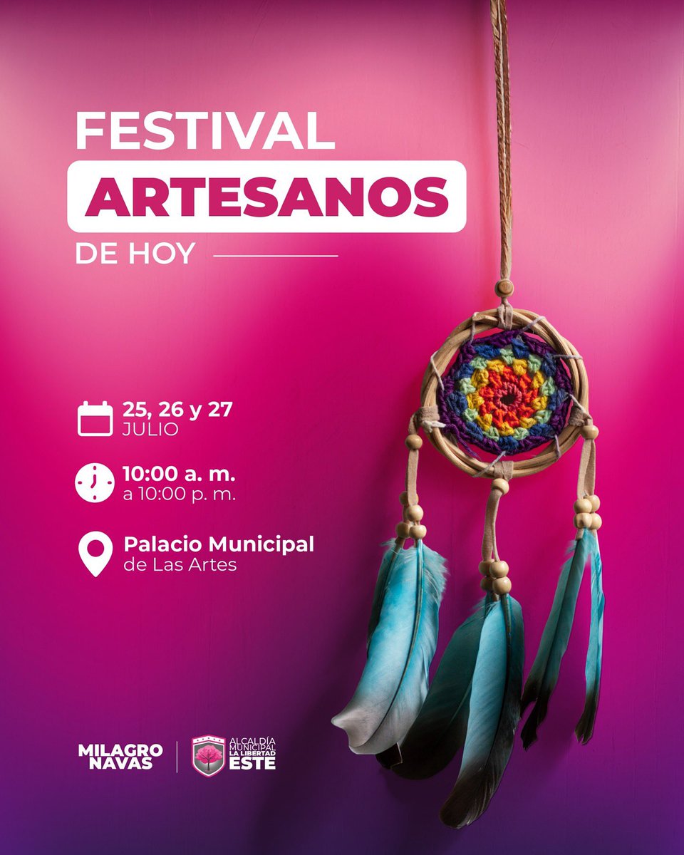 🎭🎨 Te invitamos al Festival “Artesanos de Hoy”.

📍Distrito Antiguo 

¡Apoya lo nuestro, compra local y disfruta de un espacio agradable y familiar! 🎉🥳

🗓️ 25, 26 y 27 de julio
🕙 De 10:00 a. m. a 10:00 p. m.
📍Palacio Municipal de Las Artes