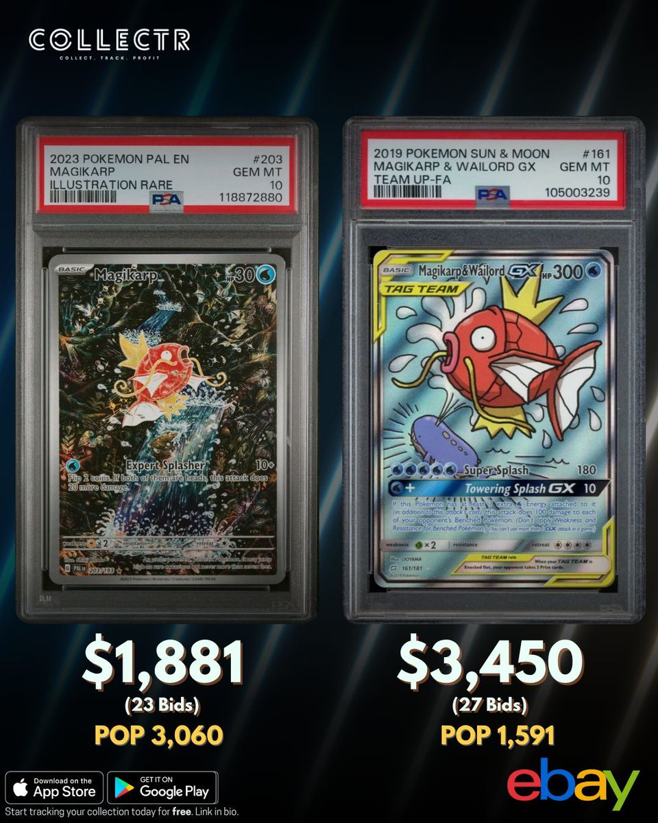 getcollectrapp's tweet image. A #PSA 10 #Magikarp and Magikarp & #Wailord GX recently sold in auction on #eBay for $1,881 and $3,450 respectively.
#pokemontcg #collectibles #pokemoncards #pokemoncommunity #pokemoncollector #PokemonCollection #PokemonCardCollector #PokemonCardGame #PokemonCardArt