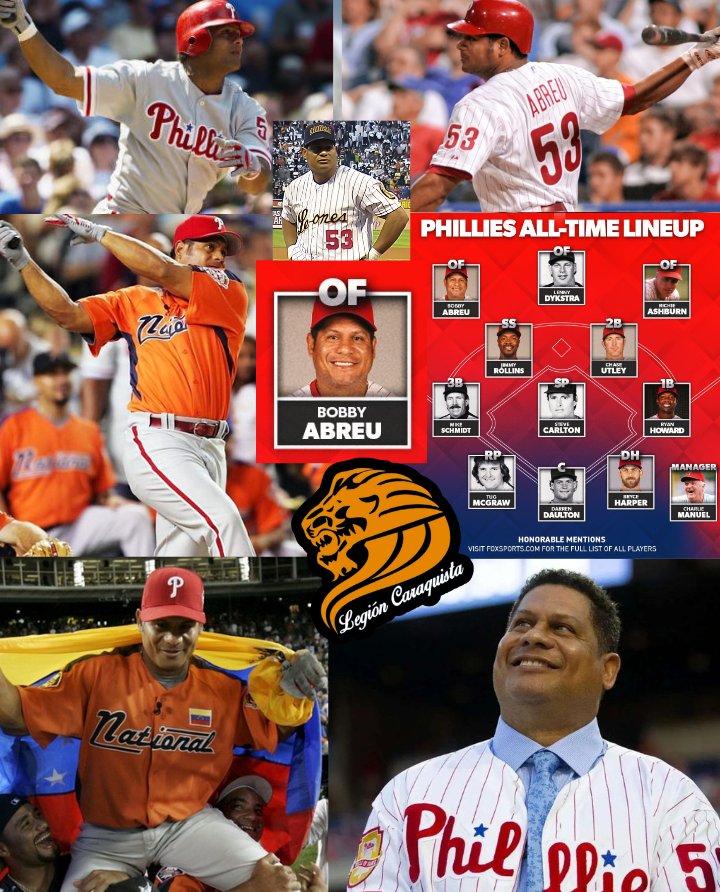 LegionCaraquist's tweet image. Bob Abreu Leyenda de los Filis de Filadelfia. 🚀🚀🚀

▪️Equipo ideal de la Historia de la franquicia.

▪️Salón de la Fama.

▪️Ganador del Jonrón Derby 2005.

▪️Realizó el primer pitcheo junto a Ryan Howard en la presentación de Filadelfia como sede del Juego de Estrellas 2026.