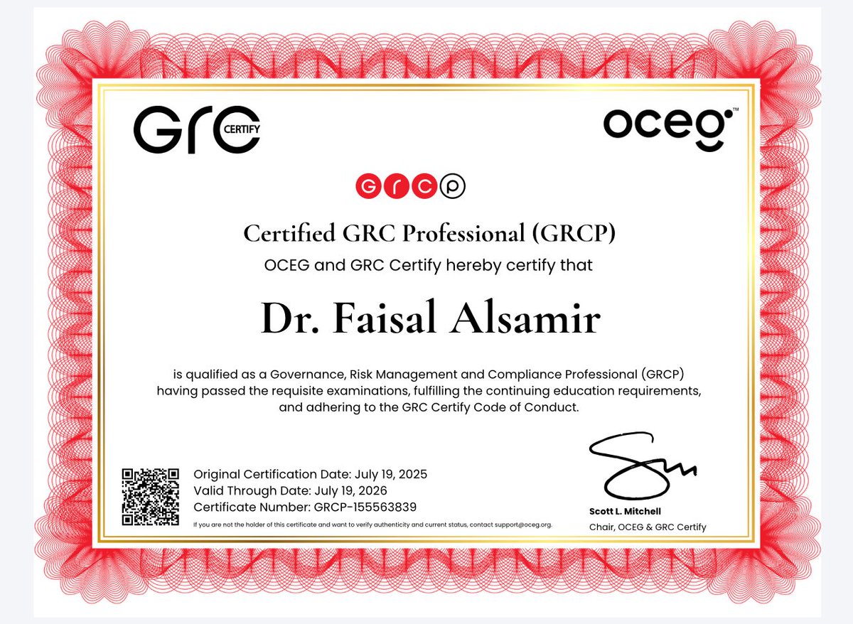 بفضل الله وتوفيقه، تم الحصول على شهادة محترف معتمد في الحوكمة وإدارة المخاطر والالتزام(GRCP)
Certified as a Governance, Risk Management, and Compliance Professional (GRCP)
من <a href="/oceg/">OCEG</a> ، المنظمة العالمية المتخصصة في الحوكمة والمخاطر والالتزام (GRC)،
#حوكمة #ادارة_المخاطر #التزام
#GRC