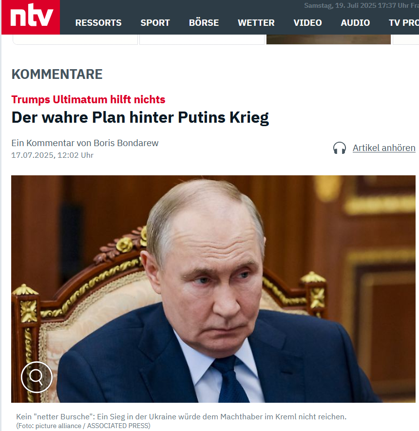 ntv erklärt uns, dass Putin sich nicht mit der Ukraine zufrieden geben werde, sondern dass er auf die gesamte NATO abziele.
Das Schlimme ist weniger, dass diese Nachrichten immer wieder verbreitet, sondern dass sie von gefühlt 50 % der Deutschen geglaubt werden.