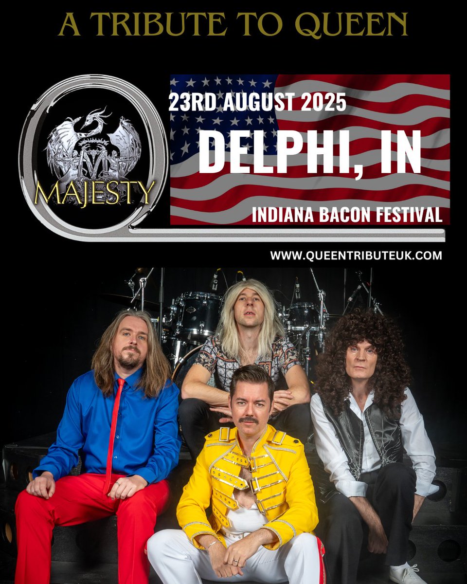 👑 🎸Majesty Live in Delphi, IN 🎸 👑

We continue our USA tour at the #indianabaconfestival on Saturday 23rd August.

Tickets - queentributeuk.com/tour

#Delphi #Indiana #Majesty #QueenTribute #TributeShow #Queen #OnTheRoad #LiveGig #NewDates #RockCover #QueenForever #QueenMusic