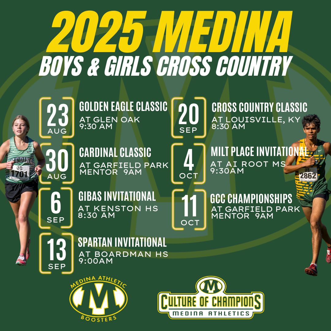 MedinaBoosters (@medinaboosters) on Twitter photo The 2025 <a href="/Medina_Cross/">Medina Mens XC</a> & <a href="/medinagirlsxc/">MGXC</a> schedule begins August 23rd! And don't forget to sign up your young runner for Running Camp Aug 6-8 at medinaboosters.org/booster-store/… <a href="/medinaathletics/">Medina Athletics</a> <a href="/AIRootMS/">Root Middle School</a> <a href="/ClaggettMCS/">Claggett MCS</a> The 2025 <a href="/Medina_Cross/">Medina Mens XC</a> & <a href="/medinagirlsxc/">MGXC</a> schedule begins August 23rd! And don't forget to sign up your young runner for Running Camp Aug 6-8 at medinaboosters.org/booster-store/… <a href="/medinaathletics/">Medina Athletics</a> <a href="/AIRootMS/">Root Middle School</a> <a href="/ClaggettMCS/">Claggett MCS</a>