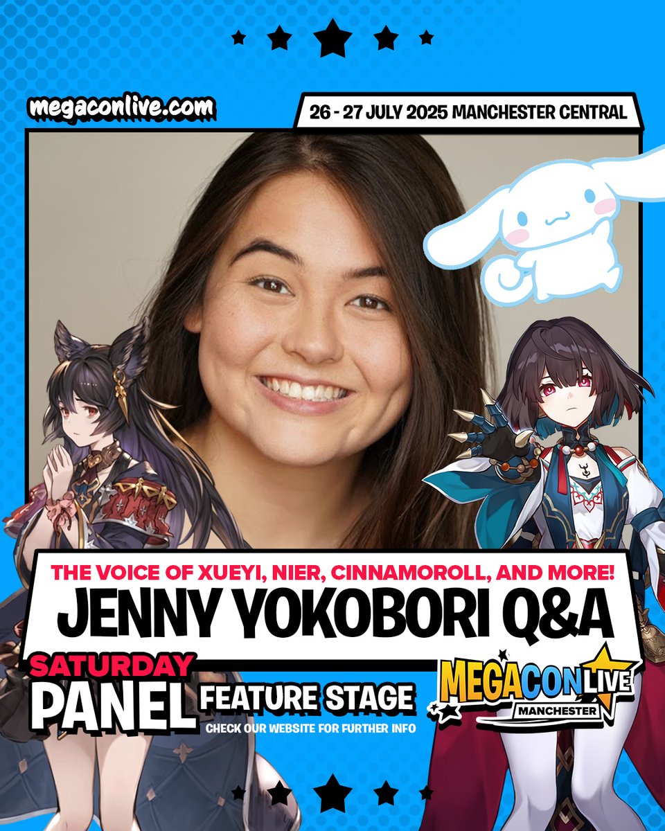 megaconlive's tweet image. Catch @JennyYokobori LIVE on the our MegaCon Live Manchester stages NEXT WEEKEND!
Known for roles in One Piece, Genshin Impact, and as Cinnamoroll & Kuromi - Join us 26-27 July at Manchester Central! 🎟️ Get tickets & find out more @ megaconlive.com