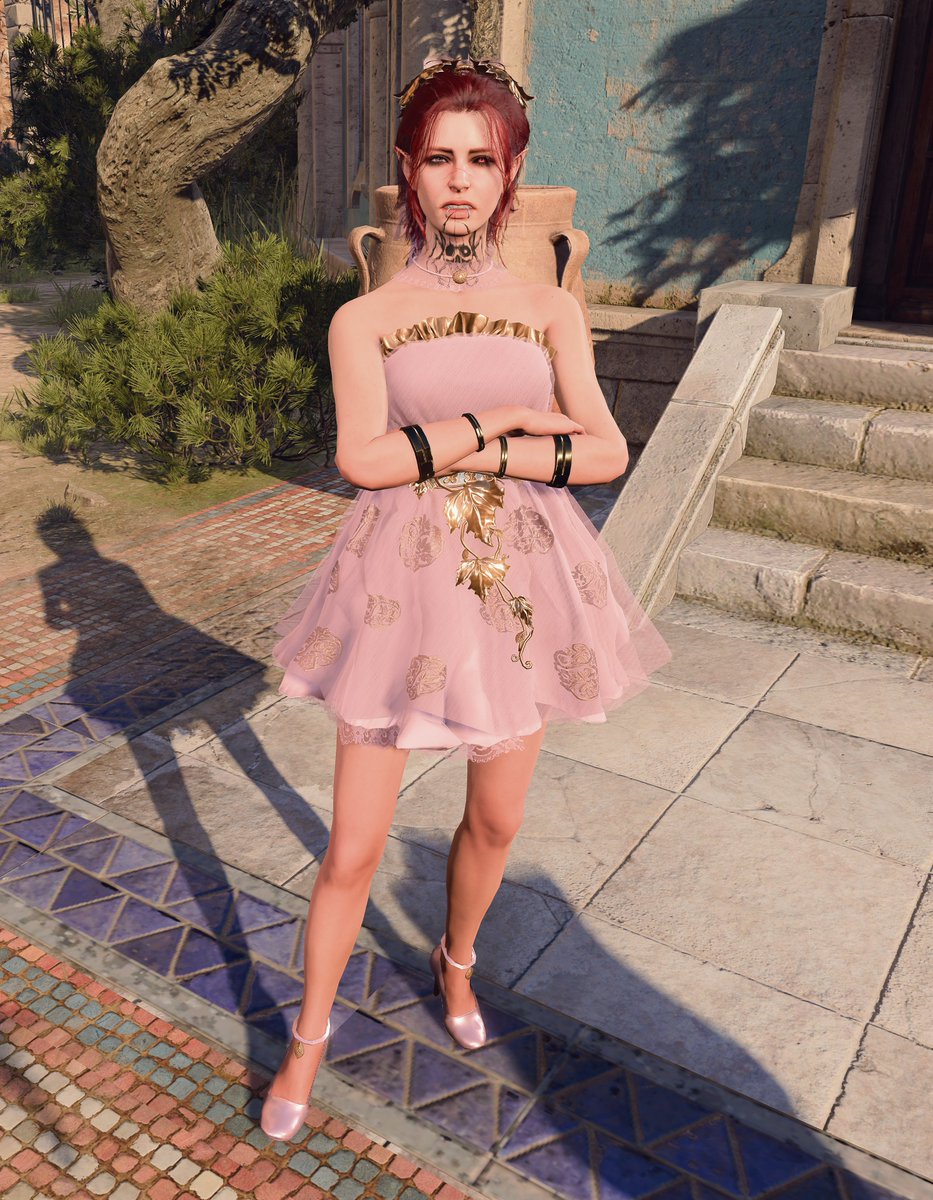 Dancunin's tweet image. There's a TavQotd on bsky about showing your tav/durge wearing something that they won't normally wear and I'm dying in laughter seeing Anne like this, it's so weird and she clearly hates this trend