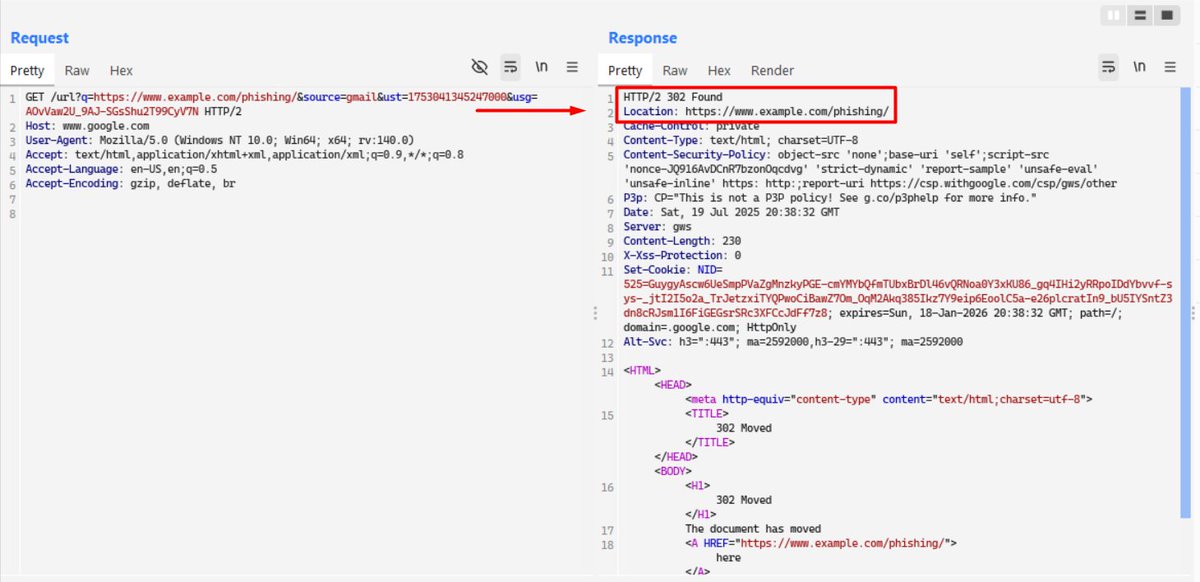 ⚠️ While investigating a new CEO fraud campaign, I discovered that attackers are using a trick to bypass the redirect warning usually shown by Google (google[.]com/url?q=https://www.example[.]com).

This open redirect allows attackers to evade certain detections and stealthily