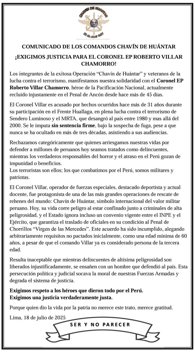 Los Comandos Chavín de Huántar expresamos nuestro rechazo a las injusticias que está viviendo nuestro Hermano Comando Crl (r) Roberto Villar, al ser recluido en un penal por SUPUESTOS delitos ocurridos hace 31 años en plena lucha contra el terrorismo... LIBERTAD PARA EL HC VILLAR