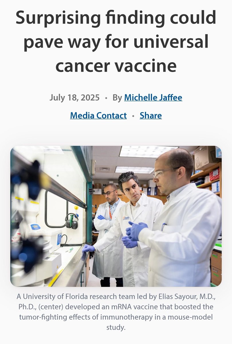 amXFreeze's tweet image. A UNIVERSAL cancer vaccine could cure all types of cancer!
UF Health researchers found that mRNA vaccines don't need to target specific tumors.
They just supercharge your immune system like it's fighting a virus.
This boosted anti-cancer effects in mice, even wiping out some…