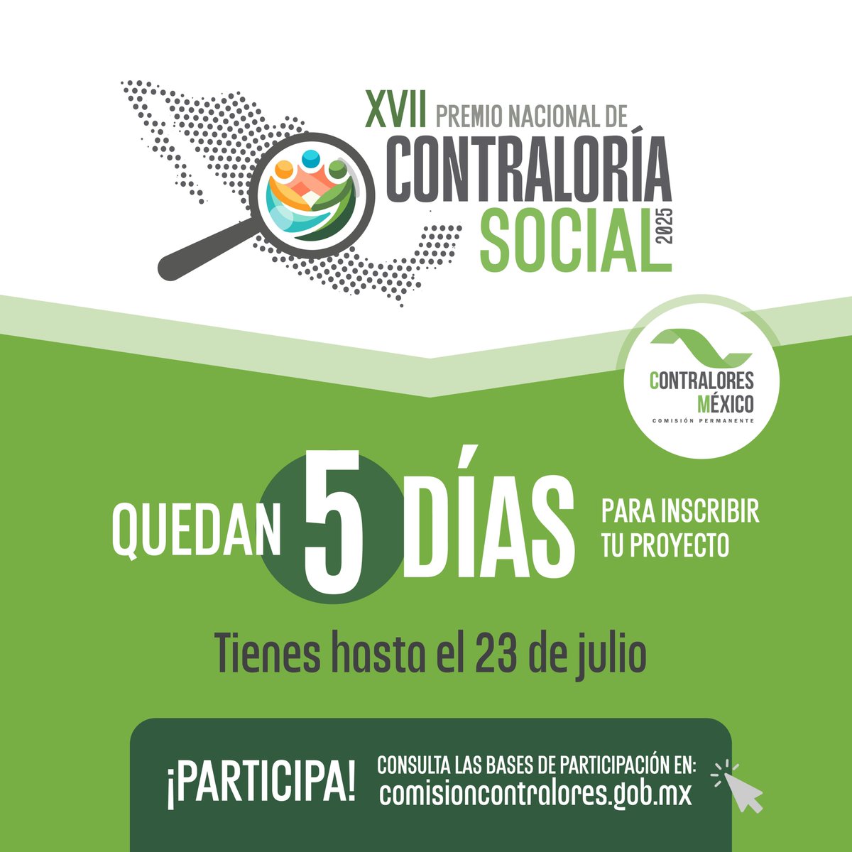 XVII PREMIO NACIONAL DE CONTRALORÍA SOCIAL 2025.

Consulta las bases de participación y todo lo que necesitas saber en: comisioncontralores.gob.mx/.../participa-…

¡Esperamos tu propuesta!

#ContraloriaSocial #ContraloresMX #México2025