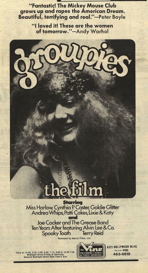 Ad for the documentary Groupies. Los Angeles Free Press, 1970...
