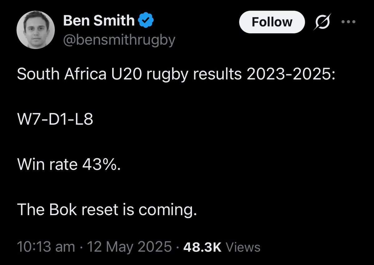 PeterRugbyEater's tweet photo. Just another of @bensmithrugby tweets about South African Rugby.. #Rugby #JuniorSpringboks #u20Springboks https://t.co/PdYGuNFrMT