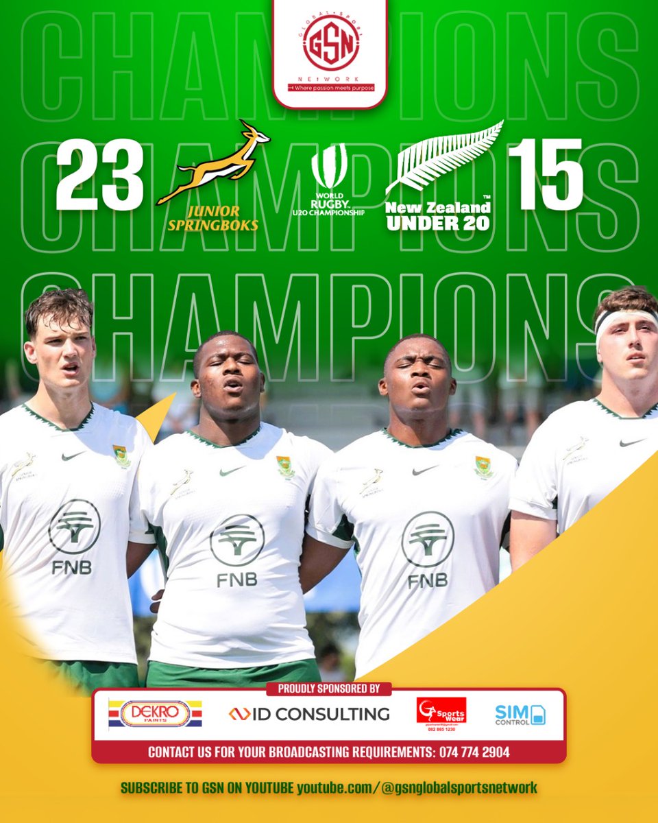 GSNGlobalsports's tweet photo. Proud day for South Africa ๐ฟ๐ฆ ๐ฟ๐ฆ as we win the U20 Rugby world cup for the 1st time since 2012. Well done young men ๐, We are proud of what you achieved. Enjoy the celebrations ๐พ
#Worldcup #U20worldcup #Globalsportsnetwork #Gsn https://t.co/d3Wcd7FYS2