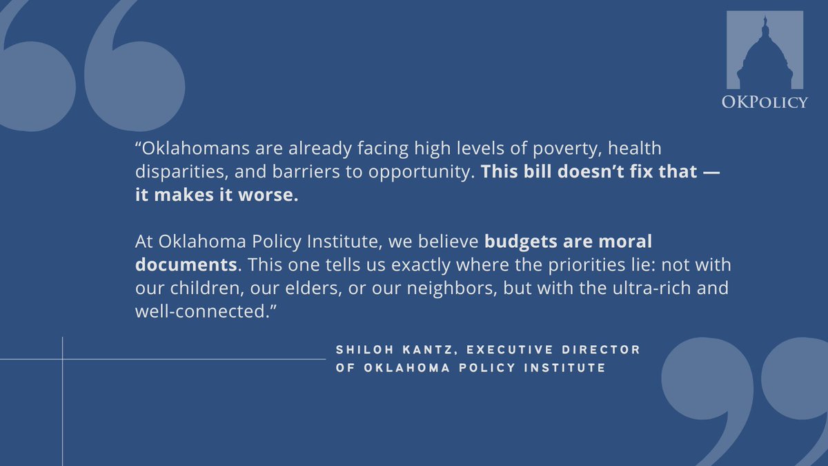 OKPolicy's tweet image. A moral budget invests in people.
This year&apos;s Congressional budget doesn’t.
It deepens the crisis for families already struggling with poverty and health disparities.

#BigBeautifulBill #OKPolicy