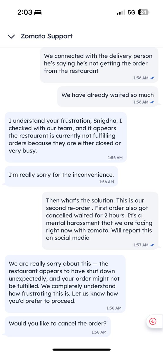 <a href="/zomato/">zomato</a> <a href="/zomatocare/">Zomato Care</a> <a href="/Zomato_delivery/">Zomato Delivery</a> pathetic service. Don’t order food from this app. <a href="/Swiggy/">Swiggy</a> is much better &amp; efficient. 

Twice our order got cancelled &amp; leaving is starving in a new city at 2am. And their customer care is useless