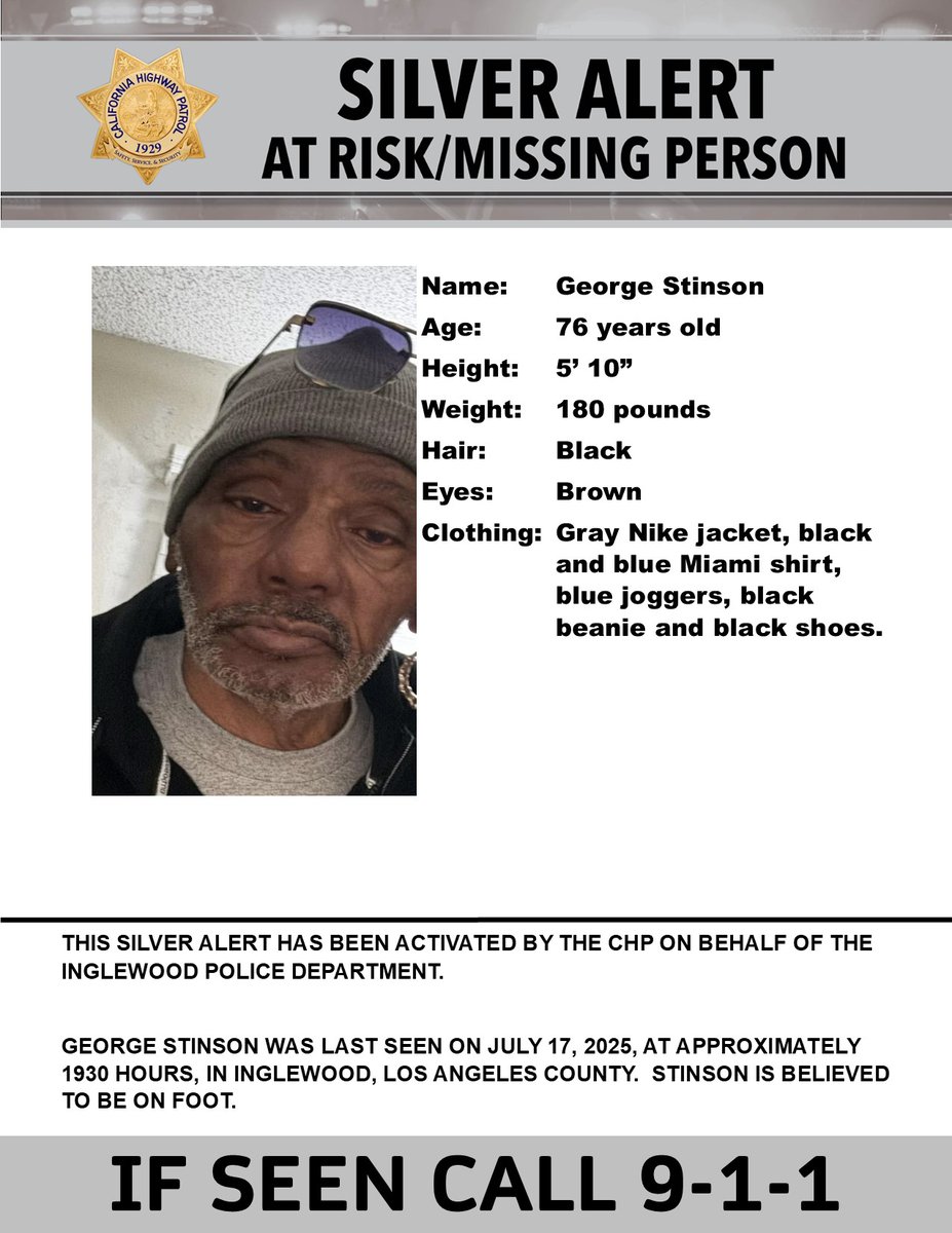 CHPAlerts's tweet image. Silver Alert - Los Angeles County
Last seen: Centinela Ave. and N. Market St., Inglewood
@Inglewood_PD
IF SEEN, CALL 9-1-1