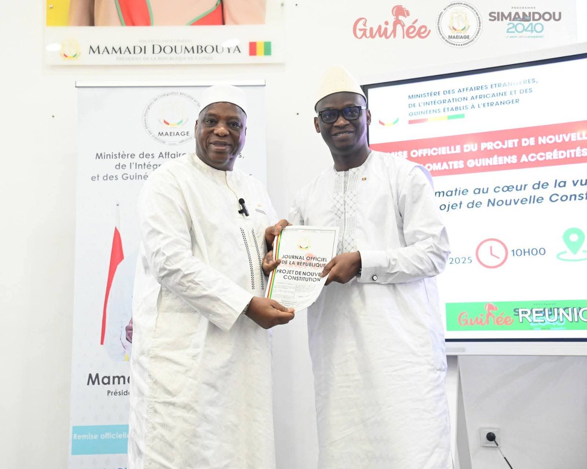 I had the honour of receiving from <a href="/morissanda/">Dr. Morissanda Kouyaté</a>, Minister of Foreign Affairs, African Integration and Guineans Living Abroad, the draft Constitution for dissemination to the 🇬🇳 compariotes living in the 🇨🇩, ahead of constitutional referendum set for September 21st, 2025