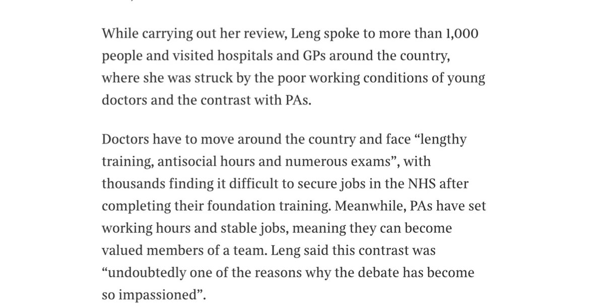 Megsenmumdr's tweet image. Leng on Times
Some interesting reflections around why RDs are angry.
Says during visit saw PA working as GP substitute
Report mentions about PAs getting paid 10K more than RDs
And Streeting comment at end confirming Physician Assistants should assist Drs
archive.ph/gZvAS