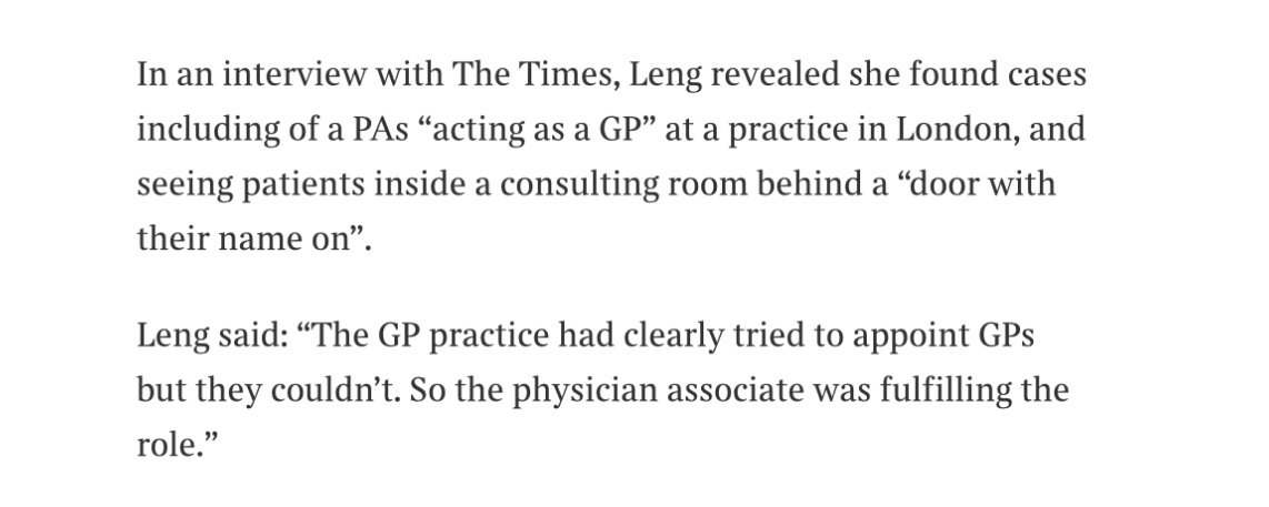 Megsenmumdr's tweet image. Leng on Times
Some interesting reflections around why RDs are angry.
Says during visit saw PA working as GP substitute
Report mentions about PAs getting paid 10K more than RDs
And Streeting comment at end confirming Physician Assistants should assist Drs
archive.ph/gZvAS