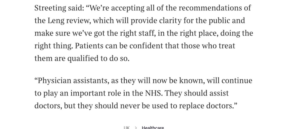 Megsenmumdr's tweet image. Leng on Times
Some interesting reflections around why RDs are angry.
Says during visit saw PA working as GP substitute
Report mentions about PAs getting paid 10K more than RDs
And Streeting comment at end confirming Physician Assistants should assist Drs
archive.ph/gZvAS