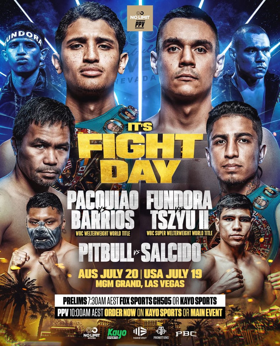 Ben Damon (@ben_damon) on Twitter photo Fight day!
Prelims from 7:30am AEST on <a href="/FOXSportsAUS/">FOXSportsAUS</a> & <a href="/kayosports/">Kayo Sports</a> - four fight main card from 10am on <a href="/MainEventTV/">MAIN EVENT</a> - #FundoraTszyu2 approx midday with #PacquiaoBarrios to follow 🥊 Fight day!
Prelims from 7:30am AEST on <a href="/FOXSportsAUS/">FOXSportsAUS</a> & <a href="/kayosports/">Kayo Sports</a> - four fight main card from 10am on <a href="/MainEventTV/">MAIN EVENT</a> - #FundoraTszyu2 approx midday with #PacquiaoBarrios to follow 🥊