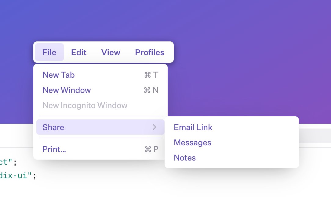 ryanflorence's tweet image. Radix really did a great job, this is the best MenuBar out there for the web
The 5 point polygon is also my favorite hover aim implementation and the internal code is really well factored