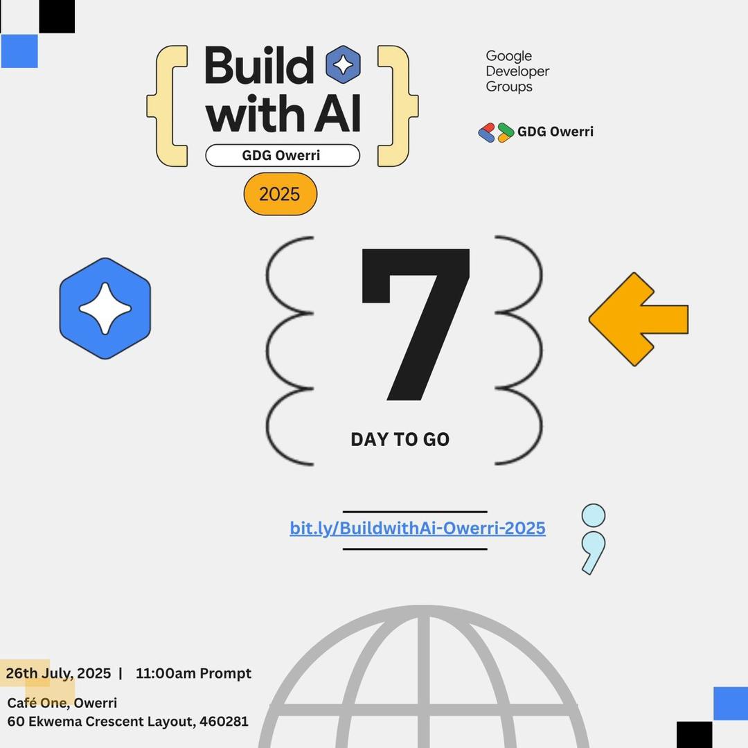 In 7 days, we are gathering the curious, creative, and the courageous to explore how AI is shaping the future — and how we can be part of it.

🗓️ 26th July, 2025
📍 Café One, Owerri
⏰ 11AM
🔗 bit.ly/BuildwithAi-Ow…

Let’s #BuildWithAI, connect &amp; create what's next.

#GDGOwerri