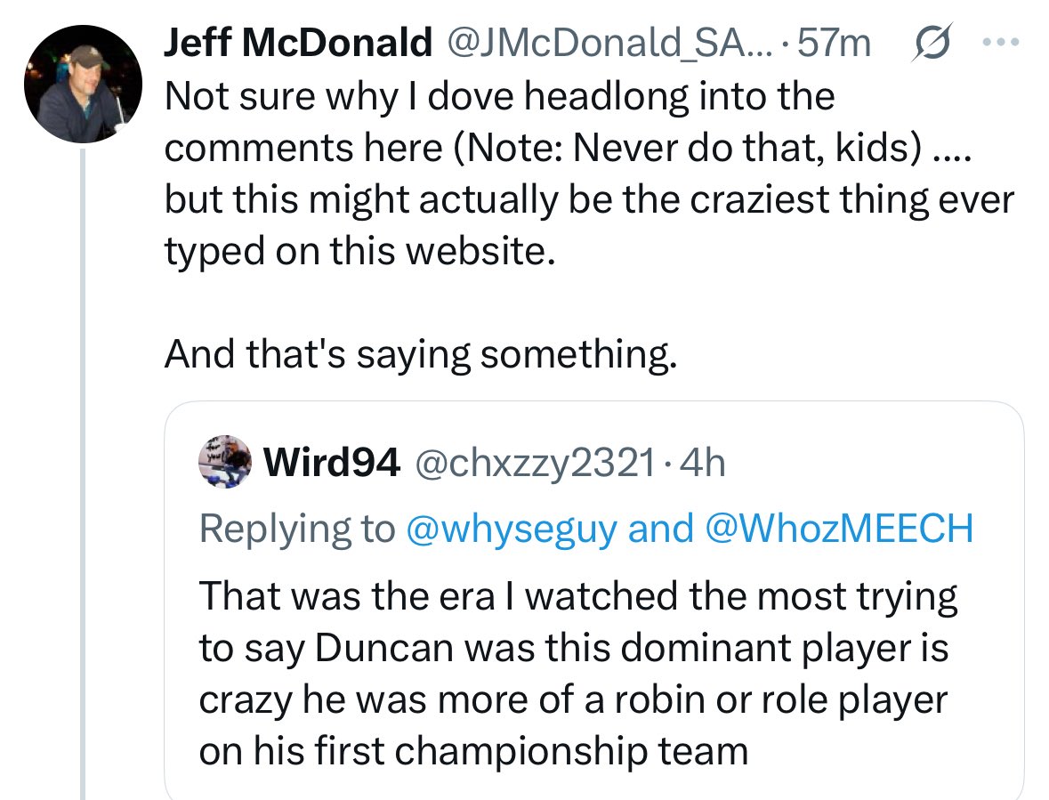 Matthew Tynan (@matthew_tynan) on Twitter photo How do yall expect <a href="/JMcDonald_SAEN/">Jeff McDonald</a> to quit this place when there are people out there saying things like this? How do yall expect <a href="/JMcDonald_SAEN/">Jeff McDonald</a> to quit this place when there are people out there saying things like this?