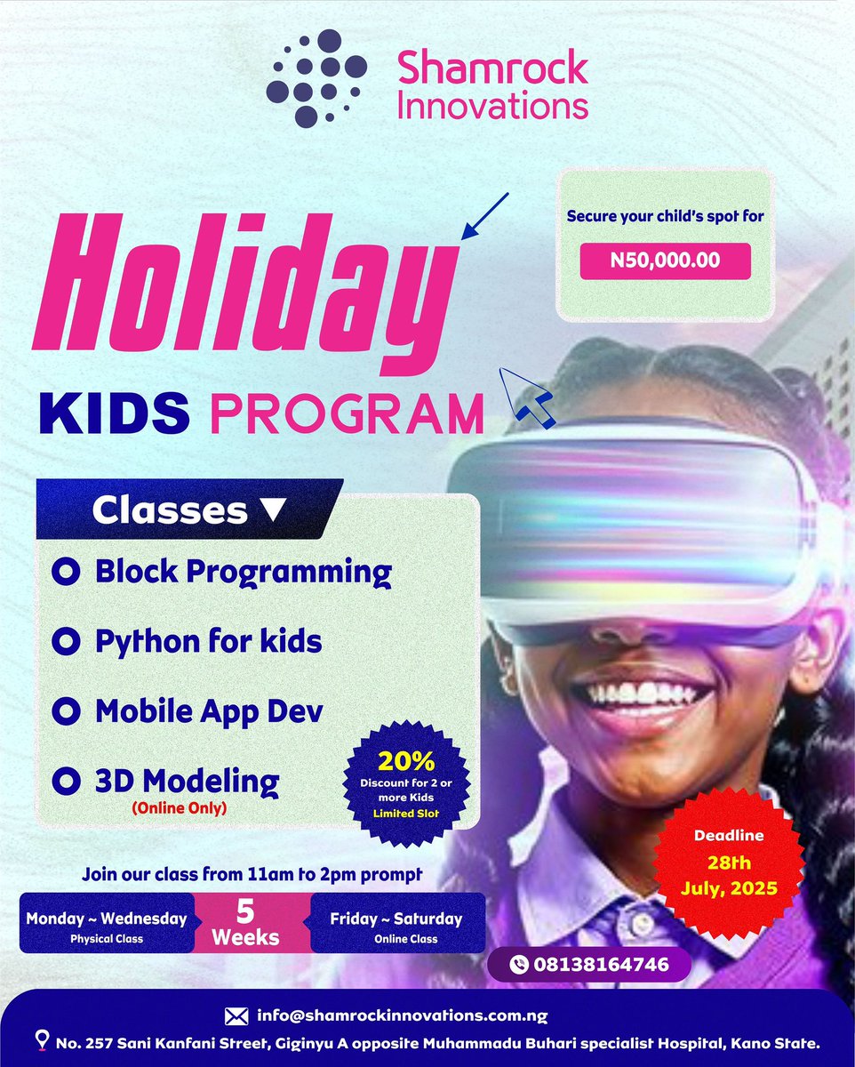 ShamrockHub's tweet image. Give your child the gift of technology skills this summer break. Our expert instructors will guide them through fun and interactive sessions!
Limited Spots Available!
Register now and give your child a head start! ๐