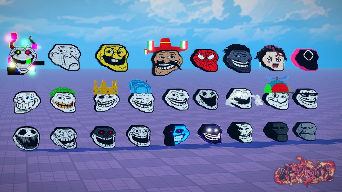 A few of the troll head models in stud style I made for Steal a TrollFace. What's your favorite one? 

#Roblox #RobloxDev #WeDoSomeTrolling #robloxstudio