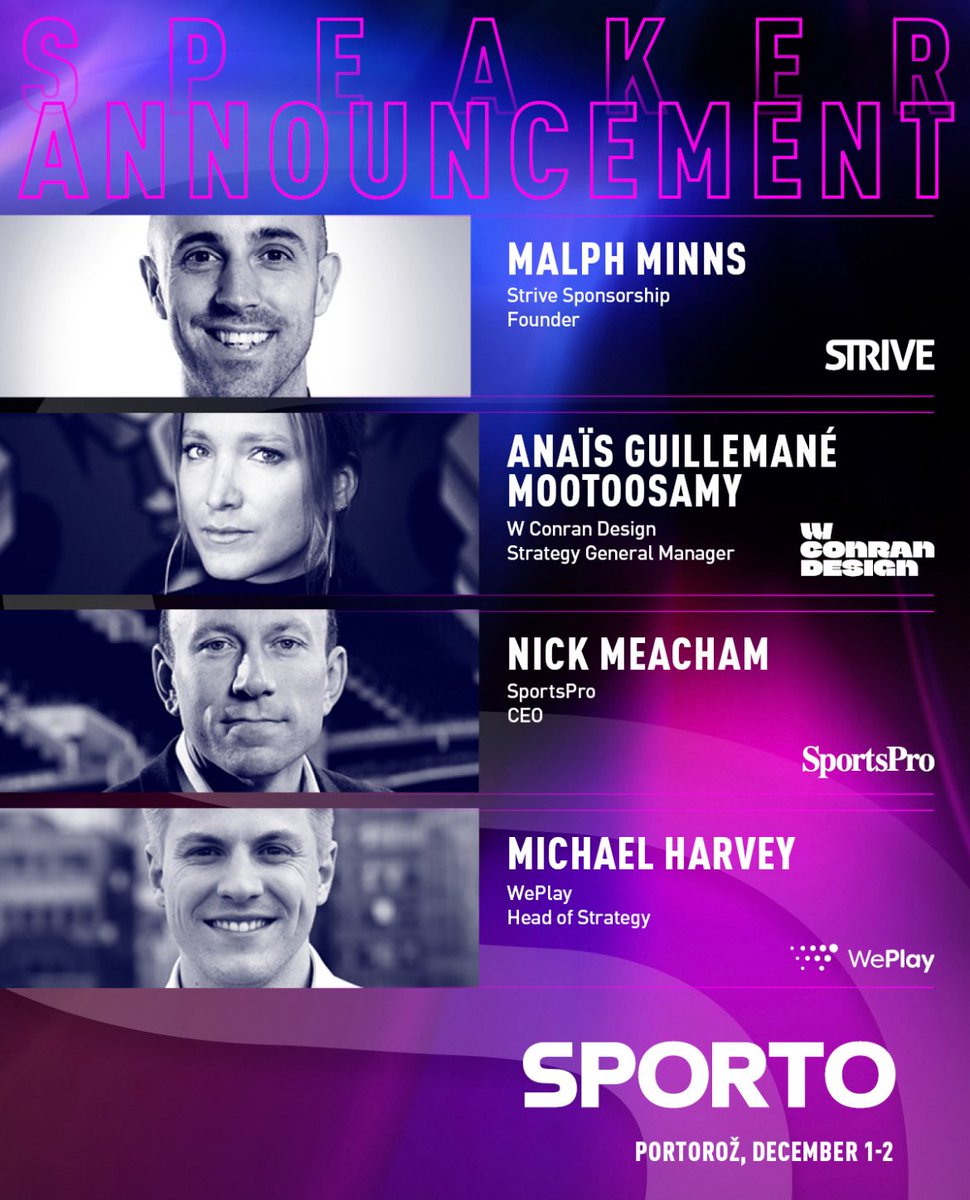 SPORTO (@sportoconf) on Twitter photo 🔥First speakers of #sporto2025 revealed:
🎤Malph Minns <a href="/strivesays/">Strive Sponsorship</a>
🎤Anaïs Guillemané Mootoosamy <a href="/WConranDesign/">WConranDesign</a>
🎤Nick Meacham <a href="/SportsPro/">SportsPro</a>
🎤Michael Harvey <a href="/WePlayCo/">WePlay</a>
🗓️ December 1–2
📍 Portorož, Slovenia
#sponsorship #sportbiz #smsports #branding #sportsmarketing 🔥First speakers of #sporto2025 revealed:
🎤Malph Minns <a href="/strivesays/">Strive Sponsorship</a>
🎤Anaïs Guillemané Mootoosamy <a href="/WConranDesign/">WConranDesign</a>
🎤Nick Meacham <a href="/SportsPro/">SportsPro</a>
🎤Michael Harvey <a href="/WePlayCo/">WePlay</a>
🗓️ December 1–2
📍 Portorož, Slovenia
#sponsorship #sportbiz #smsports #branding #sportsmarketing