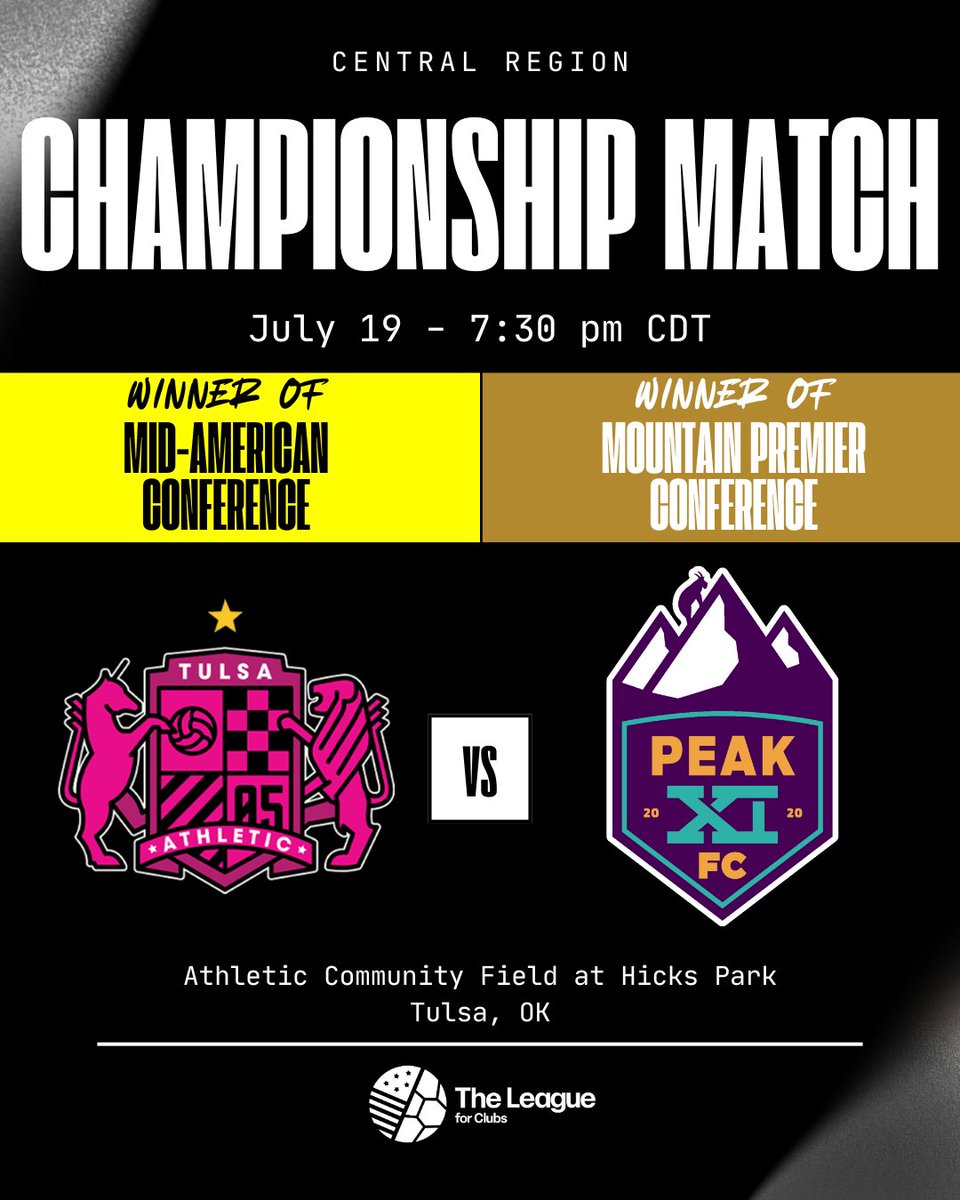 The League For Clubs (@theleague_fc) on Twitter photo We crown our Central Region Champions tonight!
<a href="/TTownSoccer/">Tulsa Athletic</a> vs. <a href="/peakxifc/">Peak XI FC</a>
7:30 pm CDT
The winner will join Napa Valley 1839 FC, the East Region winner (Met Oval/Atlantic City) and the South Region winner (Union 10 FC/FC Dallas U23s) in Dallas for the National Finals next week! We crown our Central Region Champions tonight!
<a href="/TTownSoccer/">Tulsa Athletic</a> vs. <a href="/peakxifc/">Peak XI FC</a>
7:30 pm CDT
The winner will join Napa Valley 1839 FC, the East Region winner (Met Oval/Atlantic City) and the South Region winner (Union 10 FC/FC Dallas U23s) in Dallas for the National Finals next week!