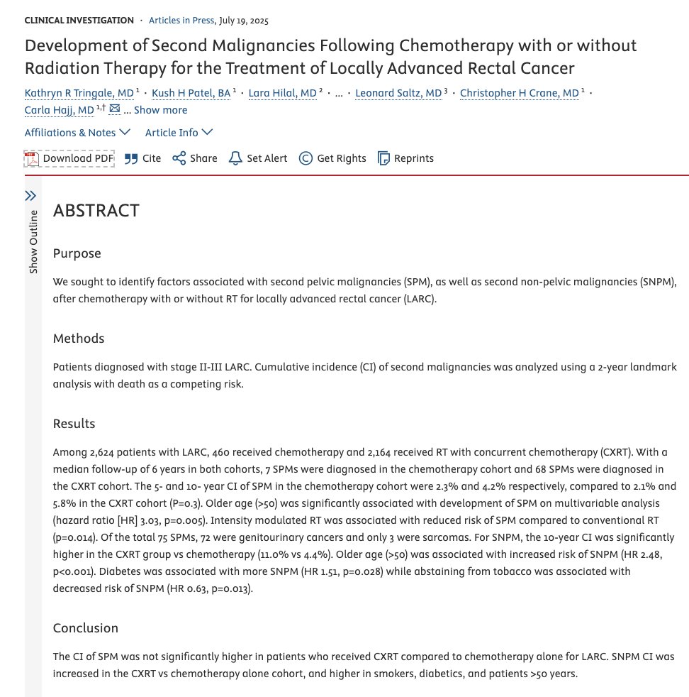 The data have been conflicting re: whether/to what extent RT increases risk of 2nd malignancy in rectal cancer, but % worth counseling pts, particularly w increasing EOCRC.

~5% risk of 2nd pelvic ca (10 yr)
~5-10% for non-pelvic ca

Emphasizes importance of continued vigilance
