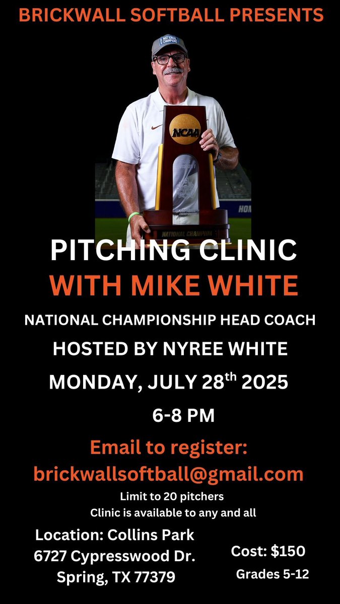 Houston! Come work with <a href="/TexasCoachWhite/">Mike White</a> July 28th for lots of feedback in a small group! Email brickwallsoftball@gmail.com now