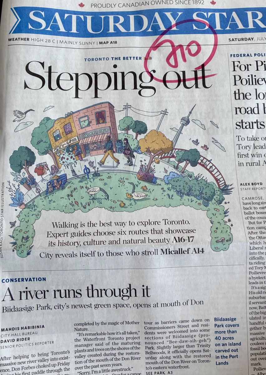 Penalosa_G's tweet image. Great report on Walking as best way to explore Toronto.
Thanks TO Star for front page, Micallef for column, staff.
Sadly, it’s NOT as it ends “It’s a perfect city to go for a walk in.”
One of four streets does NOT have a sidewalk! Low income areas have under 10% tree canopy.