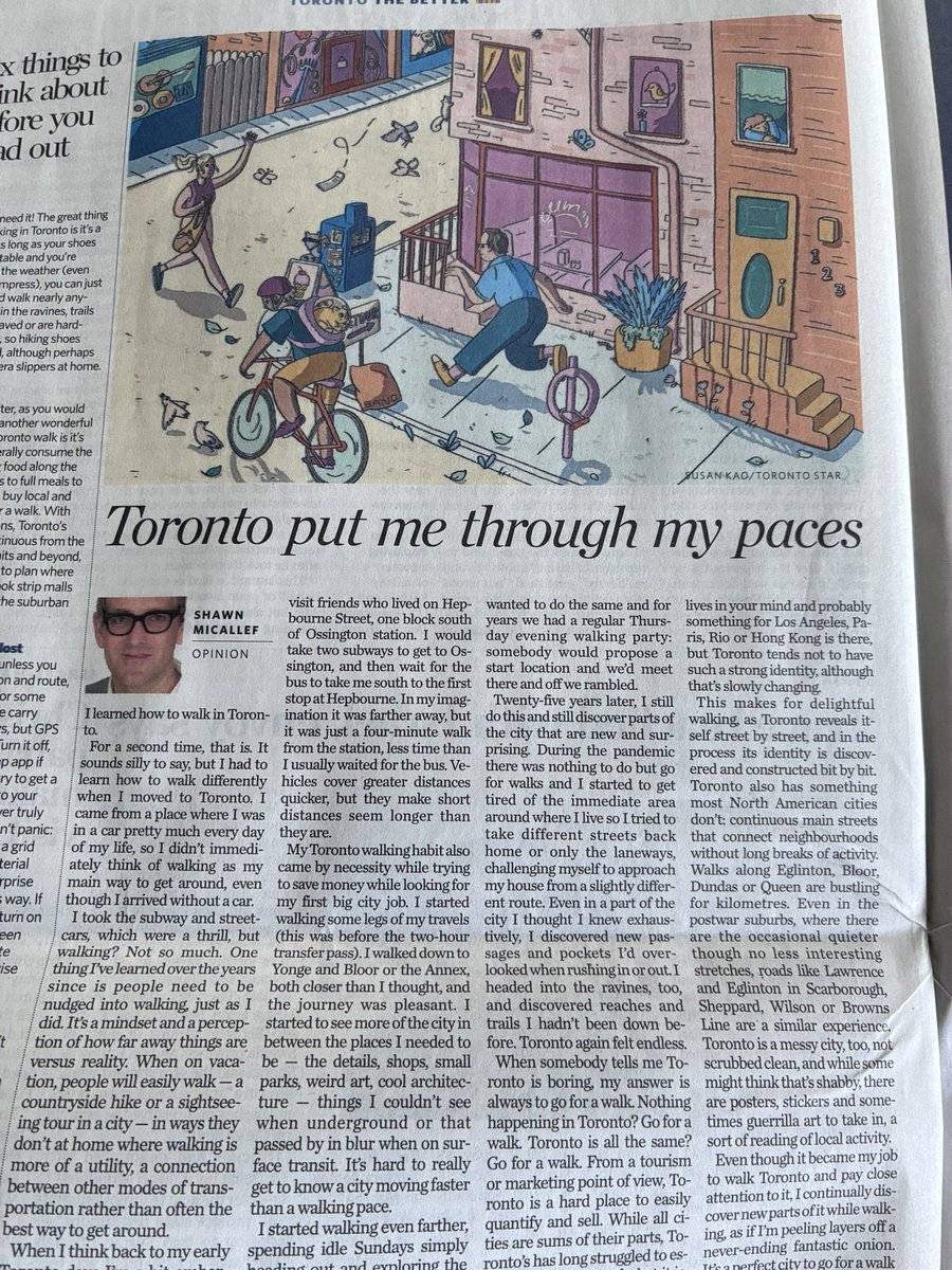 Penalosa_G's tweet image. Great report on Walking as best way to explore Toronto.
Thanks TO Star for front page, Micallef for column, staff.
Sadly, it’s NOT as it ends “It’s a perfect city to go for a walk in.”
One of four streets does NOT have a sidewalk! Low income areas have under 10% tree canopy.
