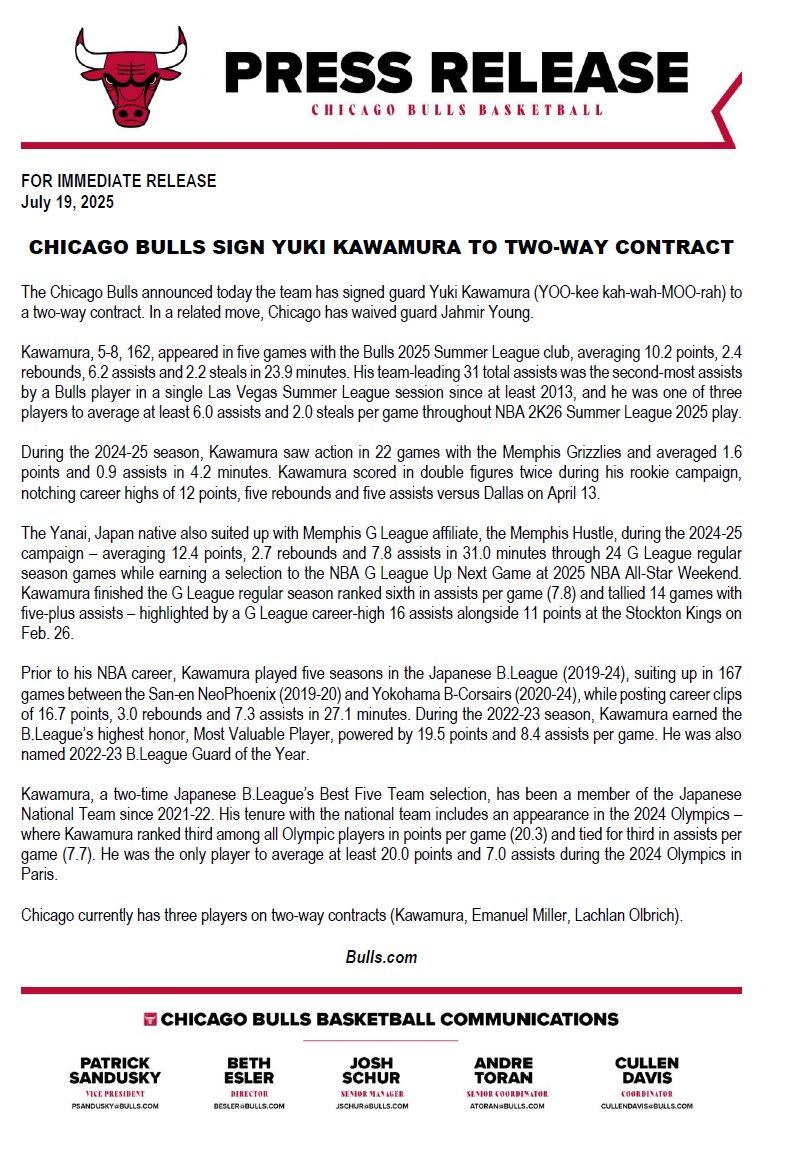 JoelXLorenzi's tweet image. Bulls officially announce that they signed Yuki Kawamura to a two-way deal, waiving Jahmir Young.