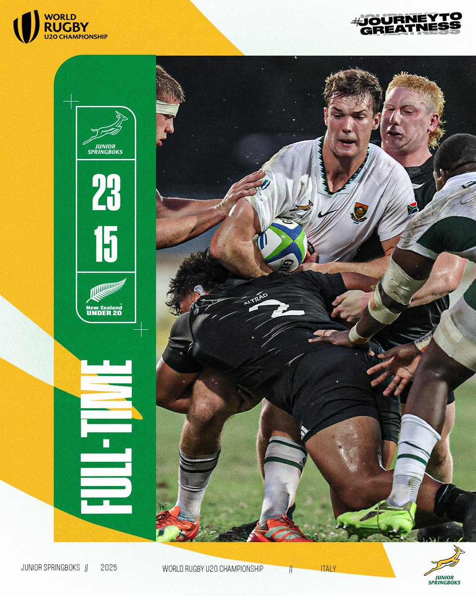 StellMun's tweet image. 🇿🇦 FULL-TIME: JUNIOR SPRINGBOKS 23 - 15 NEW ZEALAND 🇳🇿 A massive win for the boys in green & gold at the #WorldRugbyU20 Championship in Italy! Pride. Power. Passion. 🔥