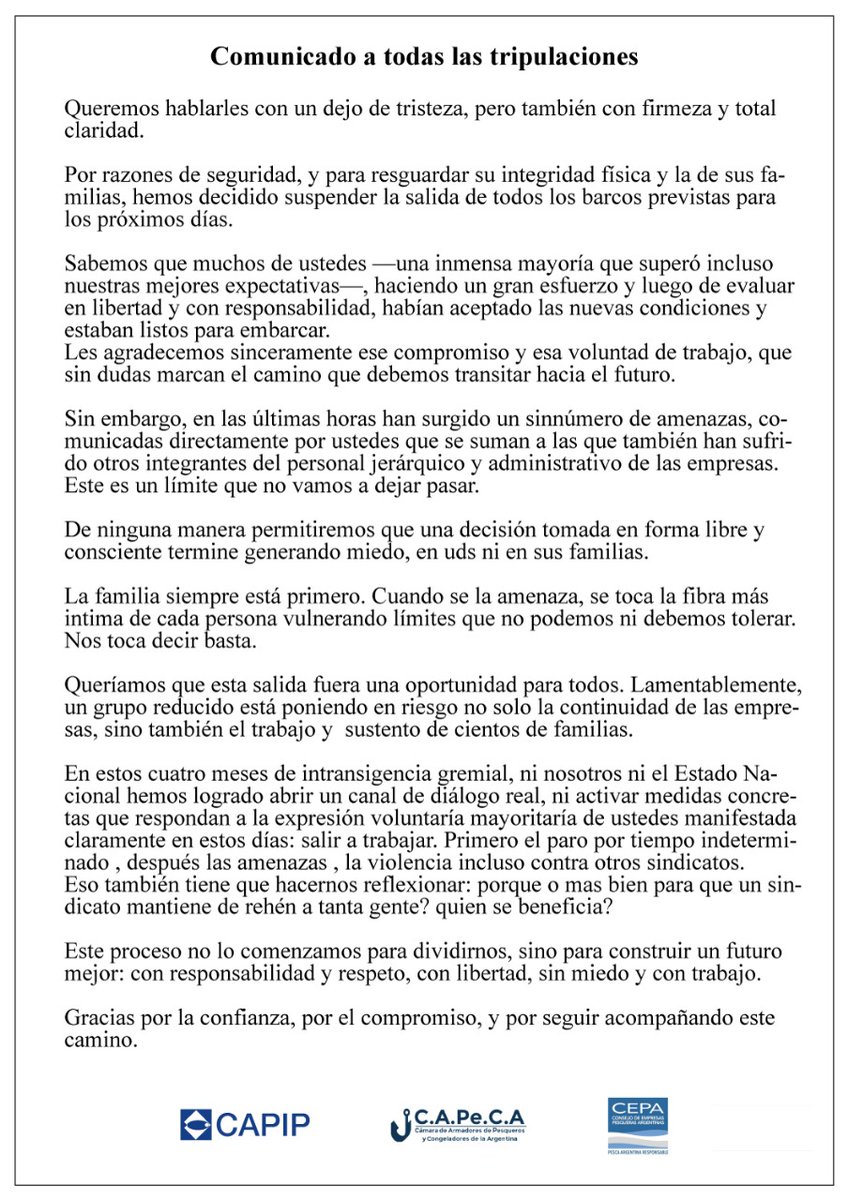 CapipArgentina's tweet photo. Rechazamos las amenazas del SOMU a quienes eligieron embarcar con compromiso y responsabilidad. @Capeca10 https://t.co/wkqL4jNOM8