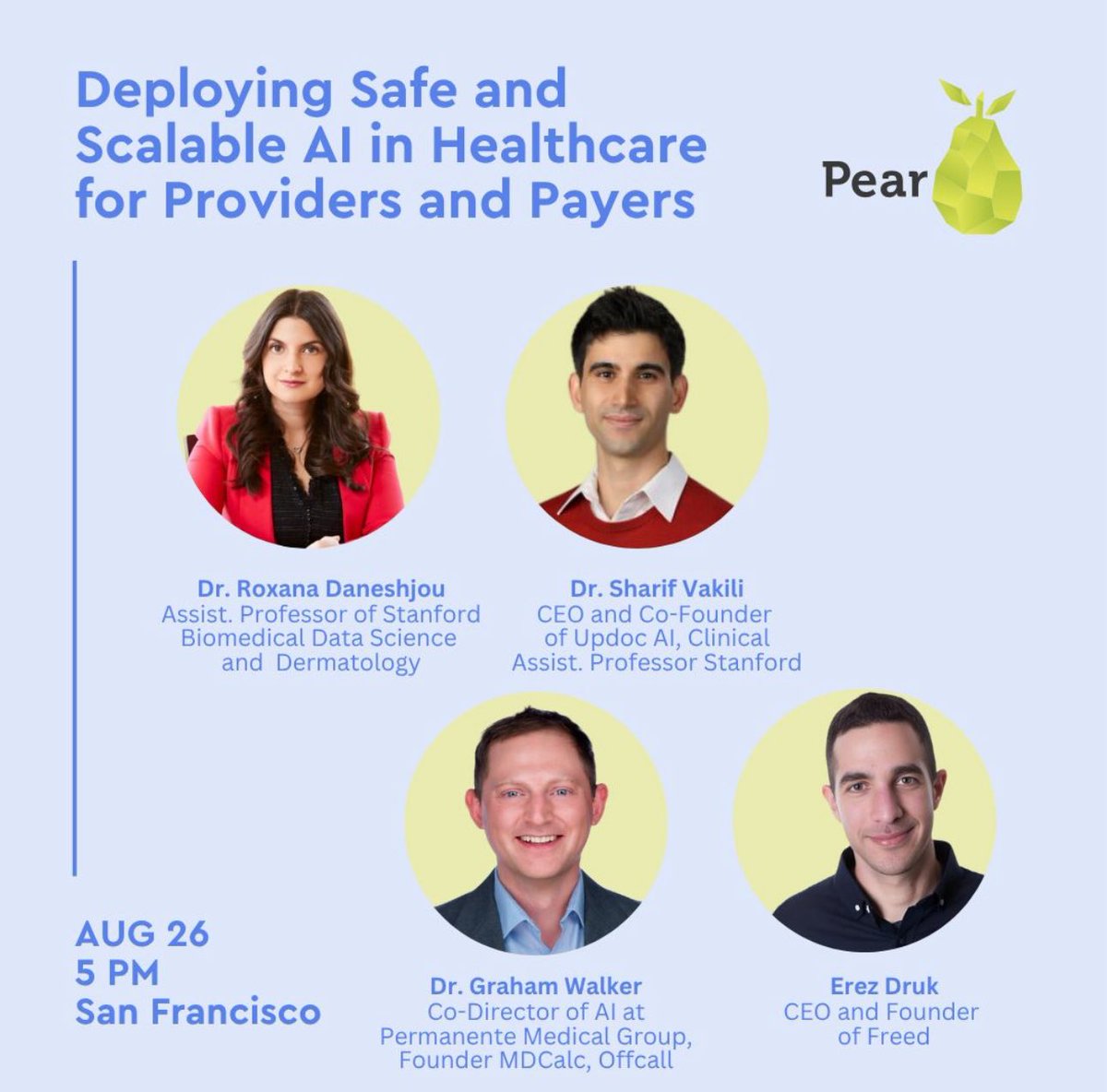 RoxanaDaneshjou's tweet image. Really excited to be part of this conversation hosted by @pearvc on Deploying Safe and Scalable AI in Healthcare for Providers and Payers.
gatsby.events/pear-vc/rsvp/r…