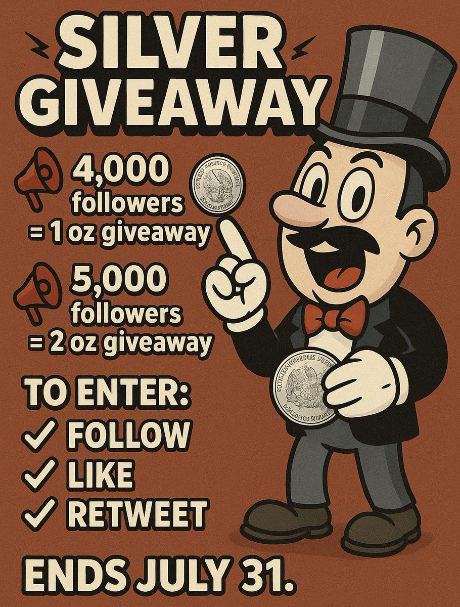 🚨 SILVER GIVEAWAY 🚨

Stackers, it’s time to shine.

I’m giving away REAL SILVER to close out the month 🔥

🥈 4K followers = 1 oz
🥈 5K = 2 oz

To enter:
✅ Follow
✅ Like
✅ Retweet

Ends July 31.

Let’s get silver in the hands of the people ⚒️

#SilverSqueeze #StackersUnite