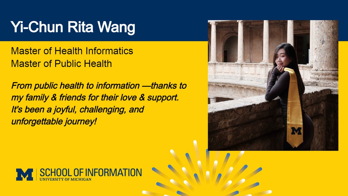 umsi's tweet image. Two intertwining fields, one glowing path forward. 🎓👏 Congratulations, Yi-Chun Rita Wang!
Visit UMSI’s 2025 graduation archive to view graduate profiles and our commencement photo gallery: umsi.info/graduation2025
#MGoGrad #UMSI25