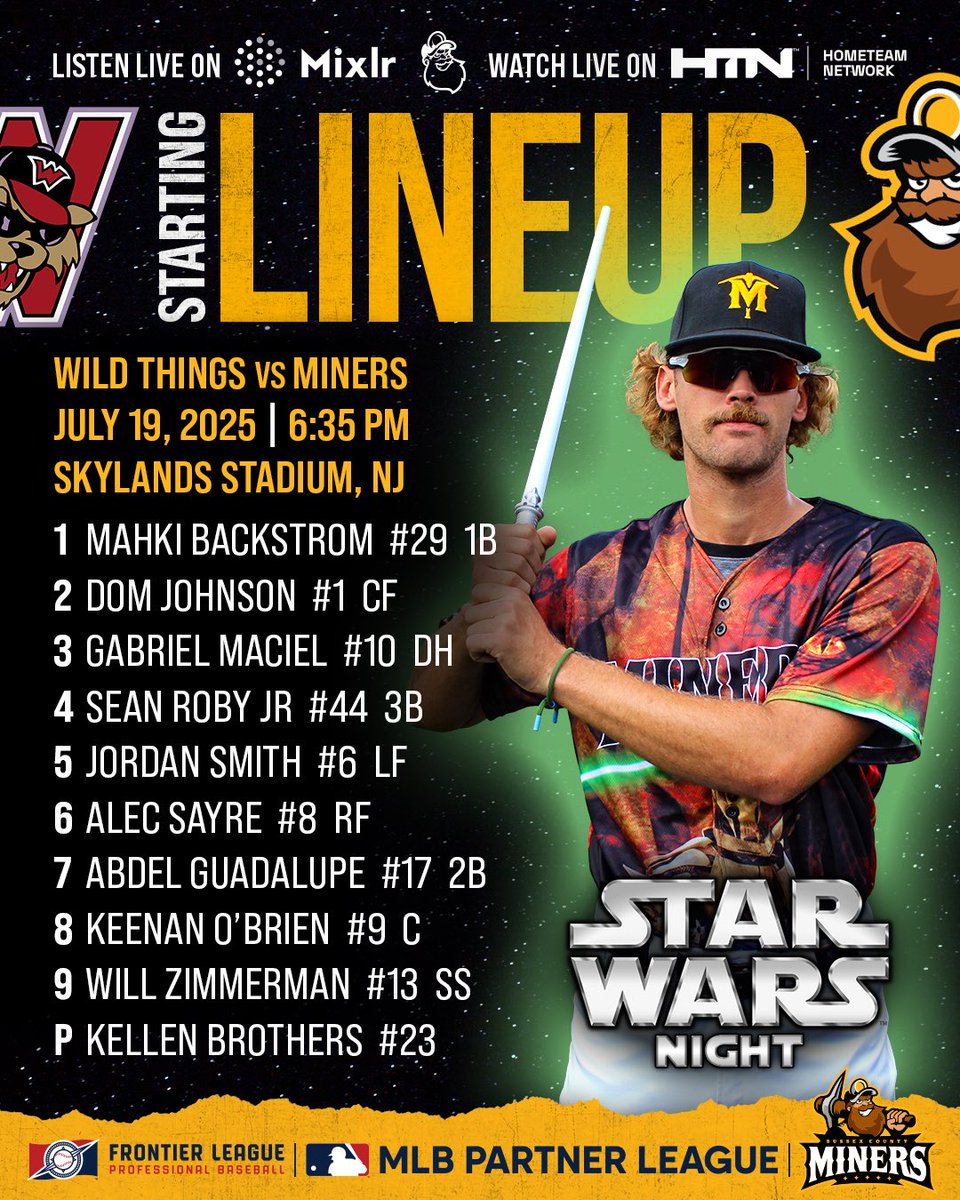 Our <a href="/starwars/">Star Wars</a> Night lineup! May the Force be with you! 💫

🎟️ tickets.sussexcountyminers.com
🎙️ Listen live on <a href="/mixlr/">Mixlr</a> 
📺 Watch live on <a href="/watchhometeam/">HomeTeam Network</a> 

#KeepDigging #StarWars