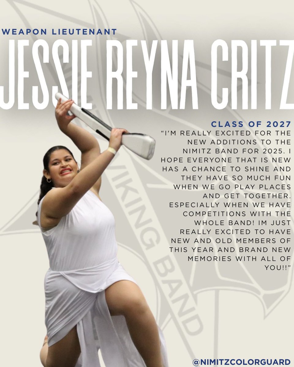 LEADERSHIP SPOTLIGHT: It’s time to meet the 2025-2026 Leadership Team. Meet Jessie, our Color Guard Weapon Lieutenant! We are excited for you to lead and serve the Nimitz Band this year!

#nimitznation #nimitzvikingband #ALLN #IISDexcellenceinaction #nightfever2025