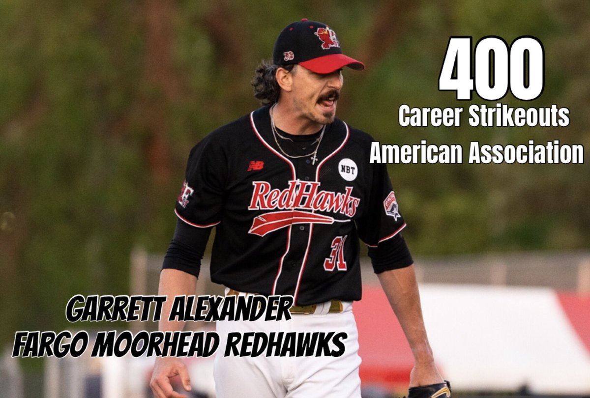 Garrett Alexander- 400 Career Strikeouts in American Association. <a href="/AA_Baseball/">American Association</a> 
<a href="/Garrett_Clem10/">Garrett Alexander</a> <a href="/FMRedHawks/">Fargo-Moorhead RedHawks</a> 
#SlimReaper