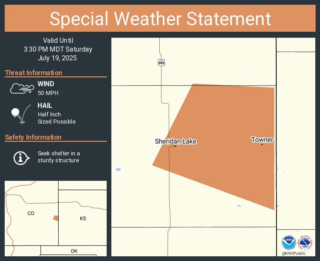 A special weather statement has been issued for Sheridan Lake CO and  Towner CO until 3:30 PM MDT
