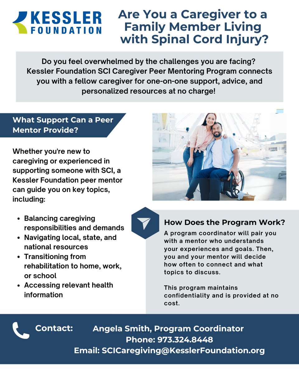 KesslerFdn's tweet image. Know an SCI caregiver who is feeling overwhelmed? Connect with a mentor who understands. Kessler Foundation’s SCI Caregiver Peer Mentoring Program offers assistance, guidance, and training. To learn more or sign up, visit: redcap.kesslerfoundation.org/redcap/surveys…
#Caregivers #SCI…